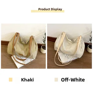 Detail view of minimalist PU leather tote bags in khaki and cream colors for women