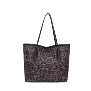 Fashionable leopard print tote bag in dark grey canvas with dual black straps
