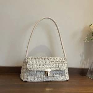 Women Elegant Tweed Woven Underarm Bag Metallic Lock Korean Style Vintage Plaid Shoulder Bag Daily Office Party Accessory