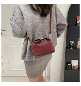 Close-up of burgundy leopard print crossbody bag with matte finish and gold buckle