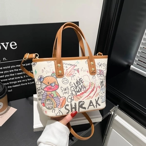 Sac Fourre-Tout Imprimé Graffiti Ours Dessin Animé Main Cuir PU Sac À Épaule Décontracté Pour Femmes Mode Bandoulière