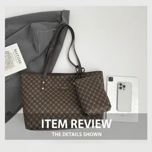 Macro shot of retro geometric print tote bag and matching pouch with premium metal logo