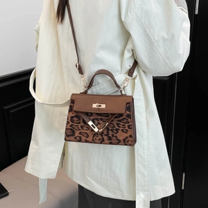 Retro leopard print crossbody bag with gold hardware and brown leather flap for women