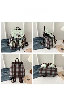 Detailed views of a plaid backpack featuring lace bows and mint star pattern flap