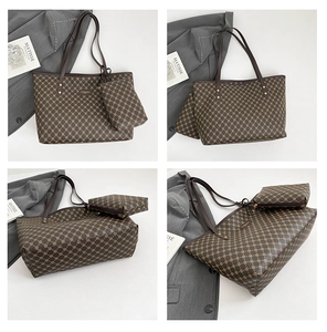 Detailed views of brown tote set with vintage geometric print and matching pouch