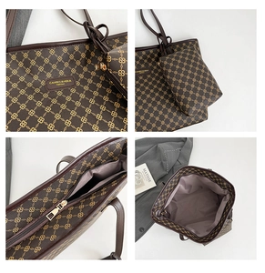 Detail view of large tote bag with chain pattern, metal zipper, and interior storage space