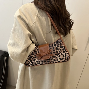 Fashionable leopard print underarm bag for women with leather bow and glossy strap