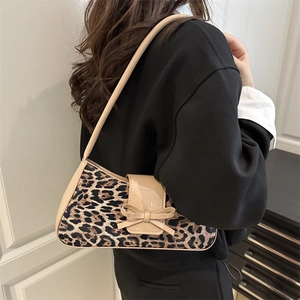 Leopard print underarm bag with apricot leather bow and shoulder strap for women