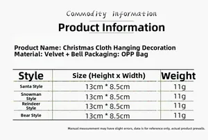 Detailed size chart for Christmas fabric dolls including Santa and Snowman styles