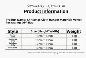 Size chart for Christmas flannel pendants featuring Santa, Snowman, Reindeer, and Bear