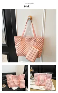 Pink monogram tote bag set with matching zipper pouch and textured clover pattern
