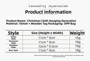 Size chart showing dimensions and weight for wooden letter Christmas plush ornaments
