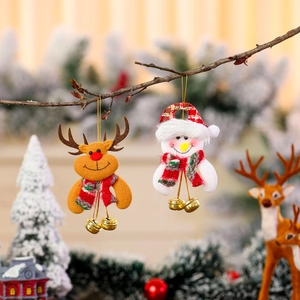 Christmas plush reindeer and snowman ornaments with golden bells for holiday tree decor
