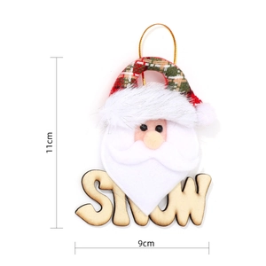Detail view of Santa Claus wood hanging ornament with SNOW letters and 11x9cm dimensions