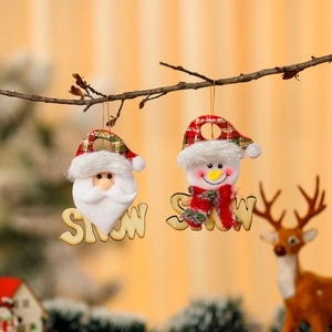 Christmas snowman and Santa plush pendants with wooden SNOW base for tree decoration