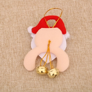 Detailed close-up of handmade felt Santa Claus ornament with two golden bells