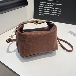 Leopard Print Crossbody Bag Suede Texture Retro Style Handbag With Gold Hardware Fashion Shoulder Bag For Women