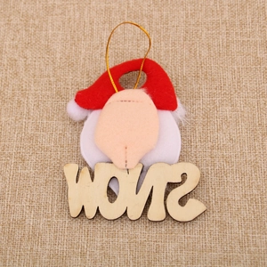 Detail of wooden SNOW letter pendant with Santa hat and felt beard for Christmas trees