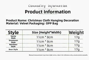 Tableau des tailles pour suspensions de Noël en peluche avec dimensions des figurines