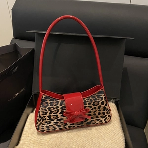 Women Leopard Print Underarm Bag Bow Patent Leather Trim Retro Shoulder Bag Fashion Chic Baguette Handbag For Daily