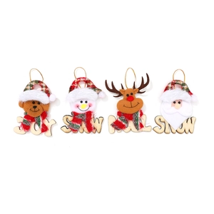 Set of four wooden Christmas ornaments with plush figures and holiday cutout letters