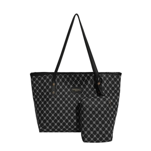 Chic black tote bag set with geometric lattice print and spacious interior for daily commute