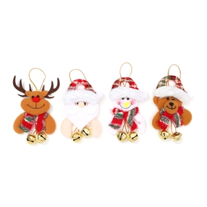 Set of 4 Christmas plush ornaments with bells featuring Santa, reindeer, snowman and bear