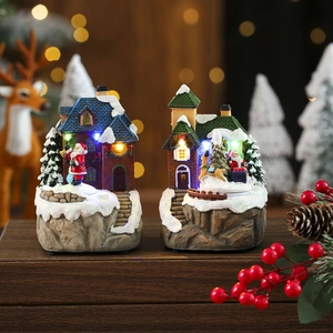 Casa Villaggio Natale Resina LED Carillon Rotante Miniatura Scena Neve Decorazione Scrivania Ornamento Festivo