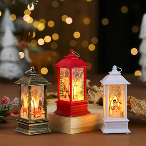 Christmas LED Lantern Decorative Simulated Candle Night Light Portable Hanging Wind Lamp Santa Snowman Reindeer Pattern Holiday Tabletop Ornament