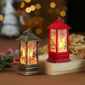 Festive Christmas lanterns with reindeer and Santa patterns, warm LED candle light inside
