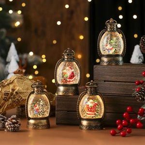 Vintage bronze Christmas snow globe lantern with LED light and swirling glitter effect