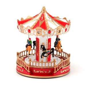 Luminous carousel music box with red and white striped top and golden horse details