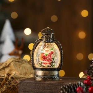 Macro detail of a bronze Christmas lantern featuring Santa Claus and sparkling snow glitter