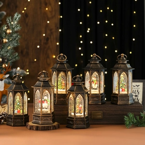 Set of 6 vintage bronze Christmas lanterns with snow globe effect and LED warm light