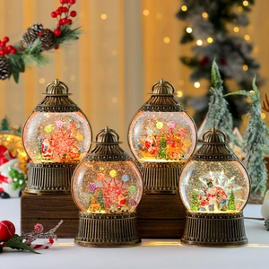 Vintage Christmas Snow Globe Lantern Music Box Rotating Windmill Water Glitter Lantern With LED Light Desktop Decor Gift