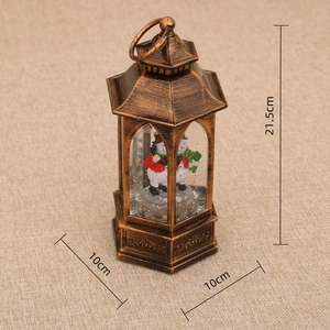 Antique bronze Christmas lantern with snowman scene and specific dimension markers
