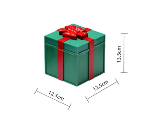Green Christmas gift box with red ribbon and 12.5x12.5x13.5cm dimension details