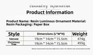 Detailed size chart for resin glowing Christmas music box showing 19x14x15.5cm dimensions