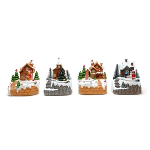 Ensemble de quatre maisons miniatures de Noël à LED avec neige et figurines festives