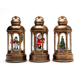 Vintage bronze Christmas lanterns with Santa, Snowman and Tree designs in glitter globe