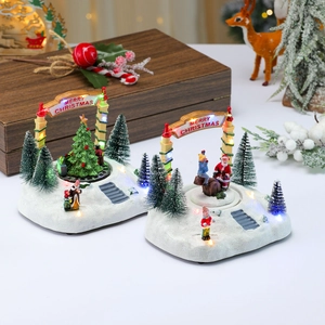 Rotating Christmas musical box with LED lights and resin snow scene decoration