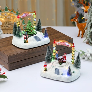 Rotating musical Christmas scene with LED lights and festive tree resin ornaments