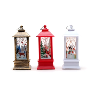 Christmas lantern set with reindeer, Santa, and snowman designs in gold, red, and white