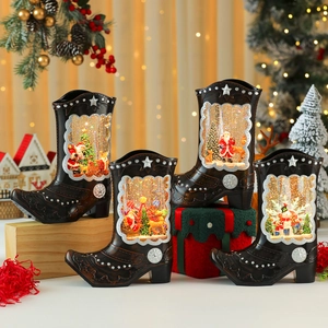 Boule à Neige LED Botte de Cowboy Noël Boîte à Musique avec Eau Père Noël Renne pour Décoration de Fête Cadeau