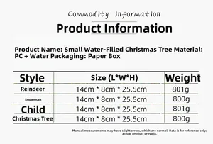 Detailed size chart for musical glowing Christmas tree ornaments with snow feature