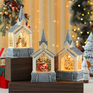 Three-piece set of illuminated Christmas church lanterns with Santa and snowman scenes