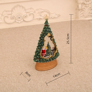 Detailed view of musical snow globe Christmas tree showing dimensions 25.5cm height