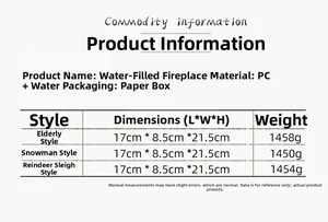 Detailed size chart and technical specifications for the Christmas fireplace music box