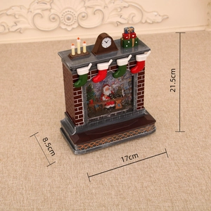 Detailed view of musical Christmas fireplace decor with dimensions 21.5x17x8.5 cm