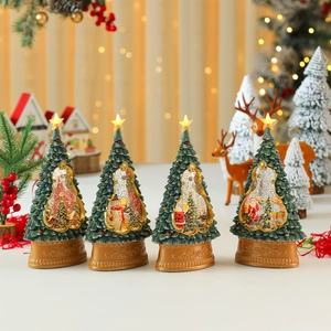 Lighted musical Christmas tree water globe with snow and Santa in gold vintage base